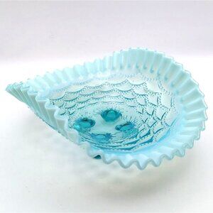 Antique Jefferson Glass Beaded Drapes Blue Opalescent Footed Crimped Bowl 1902